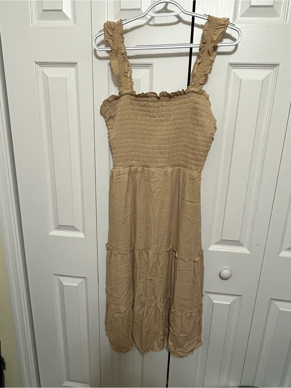 As U Wish Smocked Ruffle Strap Midi Dress in Tan